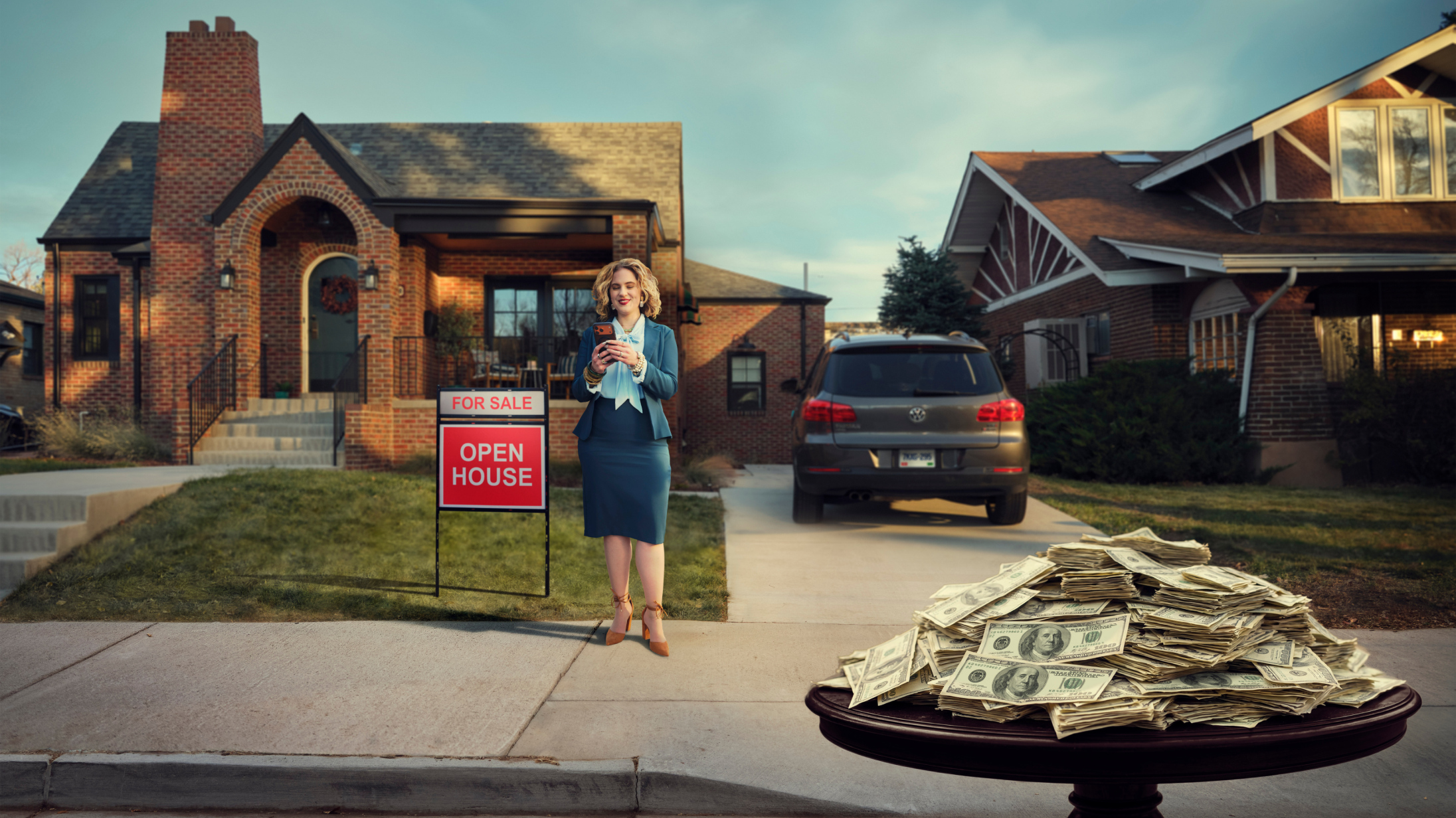 Pile of money on a table infront of a real estate broker standing in front of a house